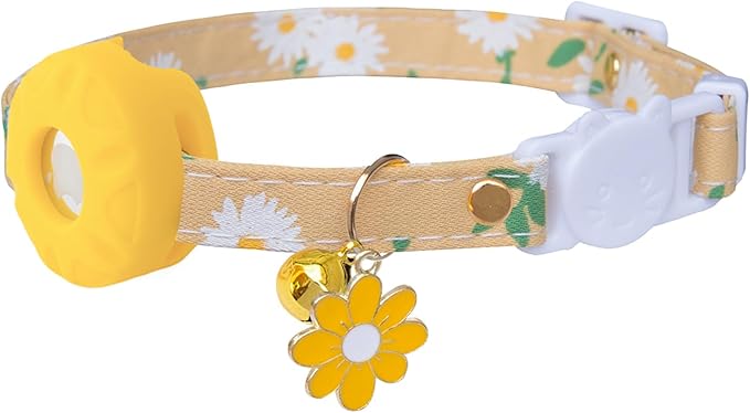 Breakaway Cat Collar with Airtag Holder,Kitten Collar with Apple Air Tag Holder and Bell for Girl Boy Cats, 0.4 Inches in Width and Lightweight. (Yellow Daisy)
