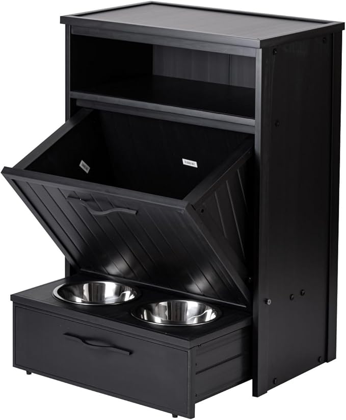 New Age Pet ECOFLEX Brea Dog Food Pantry in Black, Two 32 oz Bowls, Moisture Resistant, Easy Assembly, Holds 25 lbs