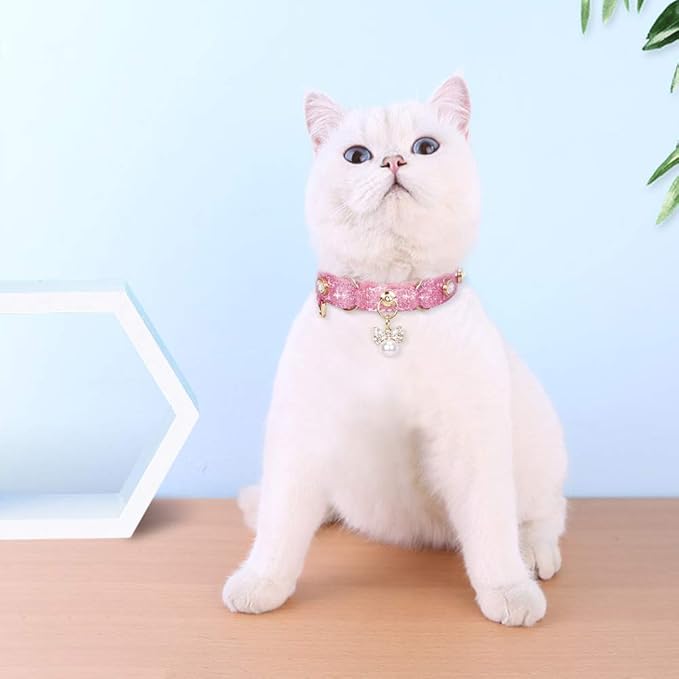 PetsHome Cat Collar, Dog Collar, [Bling Rhinestones] PU Leather Adjustable Pet Collar with Luxury Pendant for Big Cat and Small to Medium Dog Small Pink