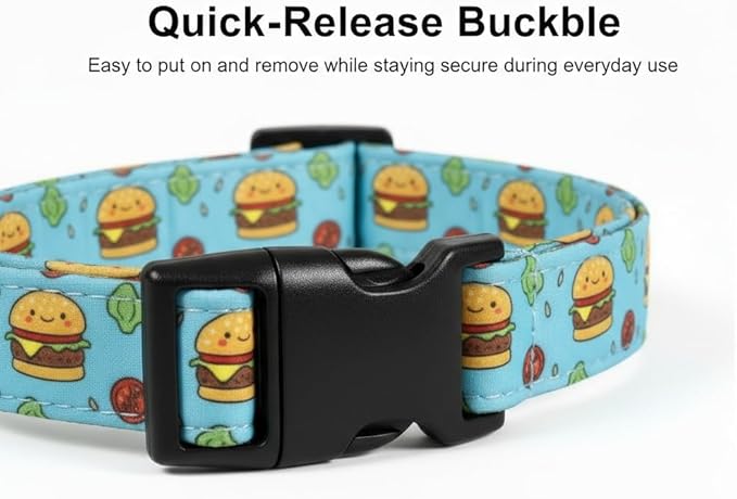 Cute Dog Collar, Blue Dog Collar with Burger Pattern and Cute Charm, Puppy Collar with Quick Release Buckle and Durable Fabric, Suitable for Medium and Large Dogs