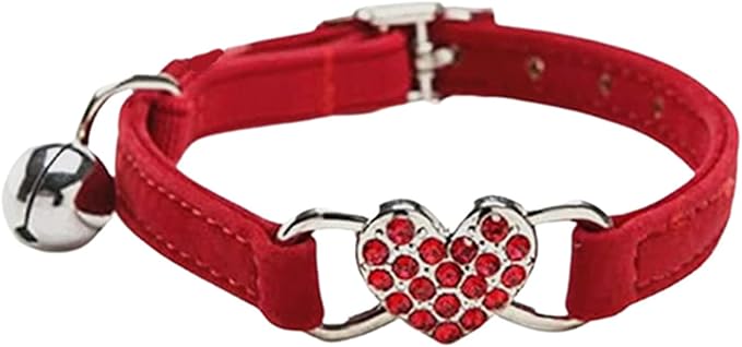 Heart Bling Cat Collar with Safety Belt and Bell Adjustable 8-10 inches for Kitten Cats (Red)