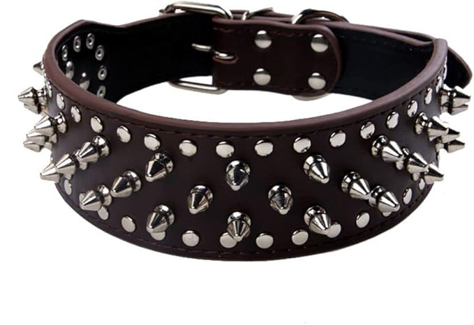 Serijoars Spiked Studded Dog Collar, PU Leather Dog Collar, Adjustable Pet Collars for Medium or Large Breed Pet (M, Dark Brown)