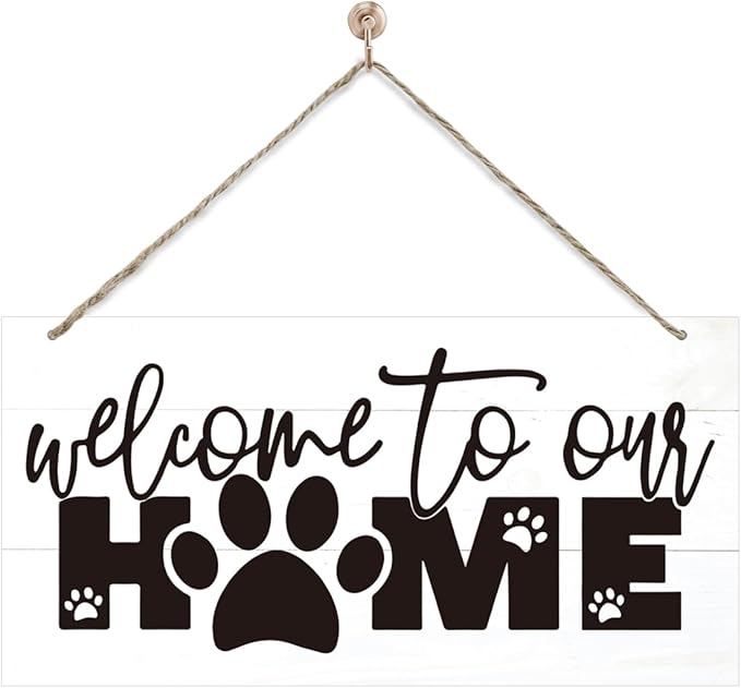 Welcome Sign for Front Door, Front Door Decor Wooden Hanging Sign for Wall Decor, Welcome to Our Home, Pet Lover Wall Signs, Rustic Funny Wooden Outdoor Hanging Decoration 13.8X6.9 inches