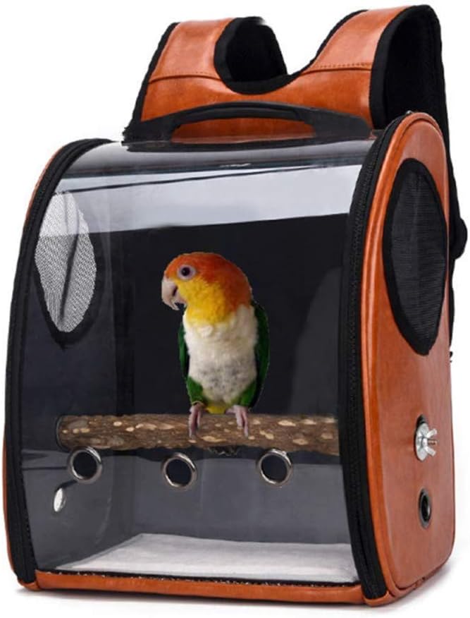 Bird Carrier Clear Parrot Outing Backpack APET Transparent Acrylic Bird Travel Carrier Parrot Travel Cage Panoramic Pet Backpack for Puppy Kitten 33x38x17cm (Brown)