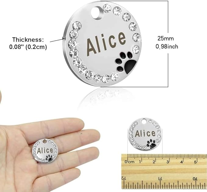 Personalized Dog/Cat Cute Paw Pet ID Tag for Pet Collar or Key Chain - Custom Laser Engraved Unique Dog/cat Name tag with Phone Number (Purple, Crystals Round-Small)