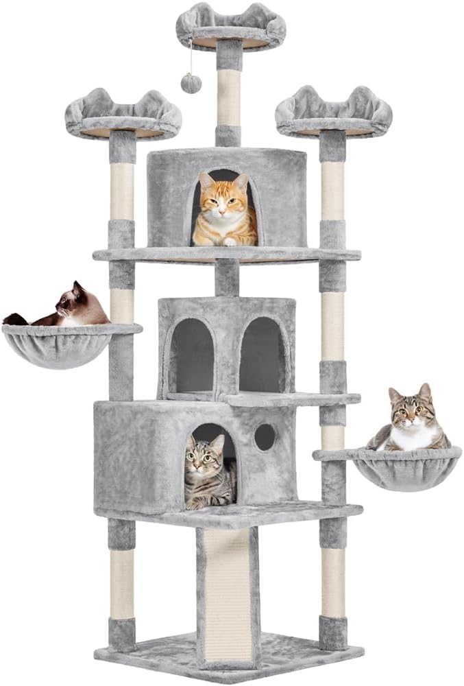 Yaheetech 76.5in Multi-Level Large Cat Tree, Big Cat Tower with 3 Condos, Cozy Plush Perches, 9 Sisal Scratching Posts and Ladder, Activity Center for Large Kitties, Light Gray