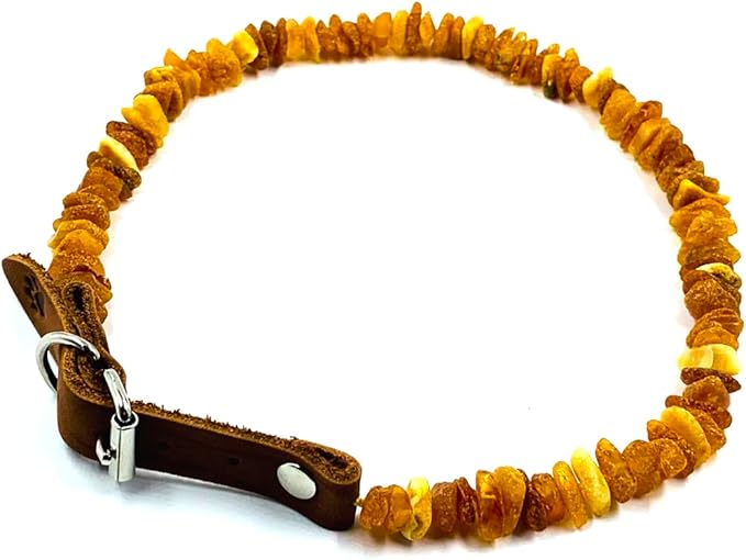 Baltic Amber Dog & Cat Collar with Adjustable Leather Strap - Raw Knotted Amber Beads (40-45cm)