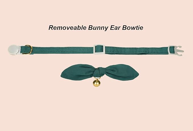 Bunny Ear Cat Collar with Bell and Bow Tie, Breakaway Cute Bowtie Kitten Collars(Dark Green)