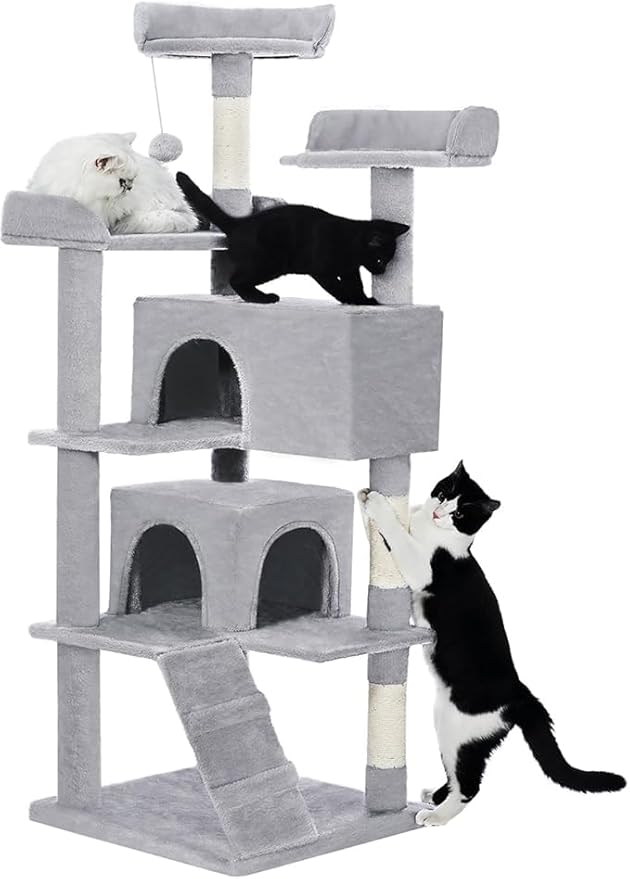 56-Inch Multi-Level Cat Tree Tower for Indoor Cats with 2 Condos, Scratching Posts & Hanging Toys – Large Cat Activity Center Furniture, Light Gray