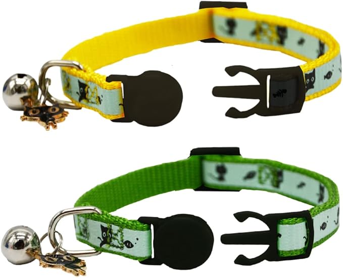 2 Pack Glow in The Dark Cat Collar with Bell Breakaway Safety Cat Puppy Collars with Pendant Green and Yellow