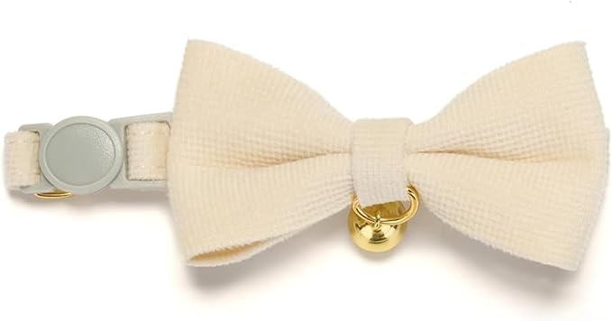 Soft Corduroy Cat Collar, Plaid Pattern, with Bell and Bowtie, Quick Release,Safety Breakaway Clasp, Adjustable for Kitten and Cats.(White+Blue)