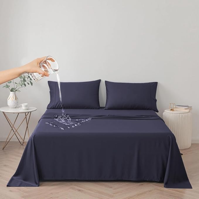 DUJUIKE Waterproof Bed Cover for Dog and Cats,Pet Hair Resistant Bed Sheet Cover, Protective Bed Liner Cover with 100% Waterproof Breathable Thin Fabric (Dark Navy, Super King 90 * 118 inch)