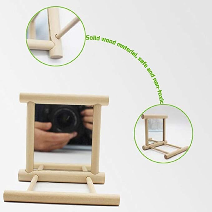 Birds Mirror for Cage,Parrot Hanging Swing with Mirror,Natural Wooden Play Mirror Pet Bird Cage Accessories with Metal Hook