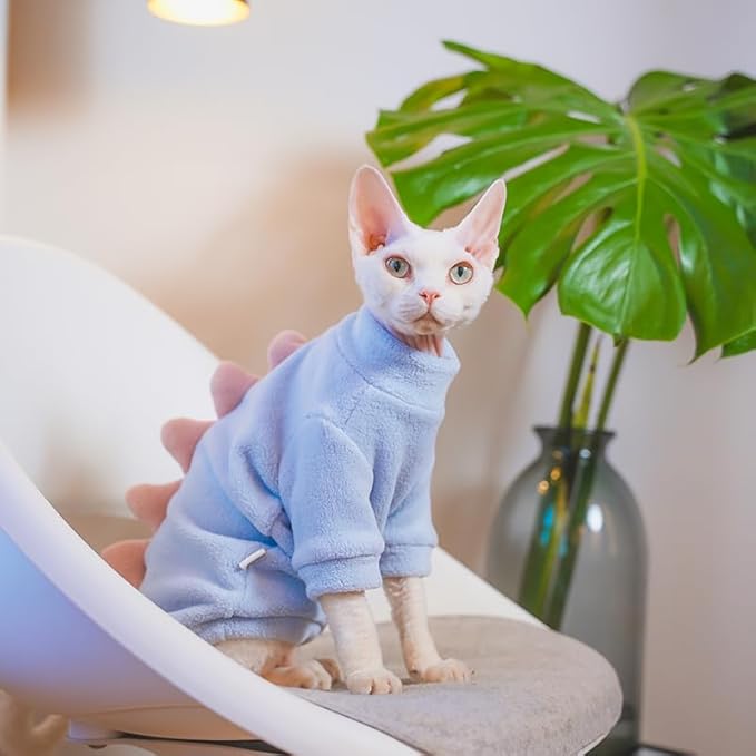 Dinosaur Sphynx Cat Clothes, Soft Polar Fleece Sweater for Cat, Elastic Pet Clothes Thick Winter Warm Outfit for Hairless Cat, Devon, Cornish, Small Dogs Apparel with Sleeves (Sky Blue, Large)