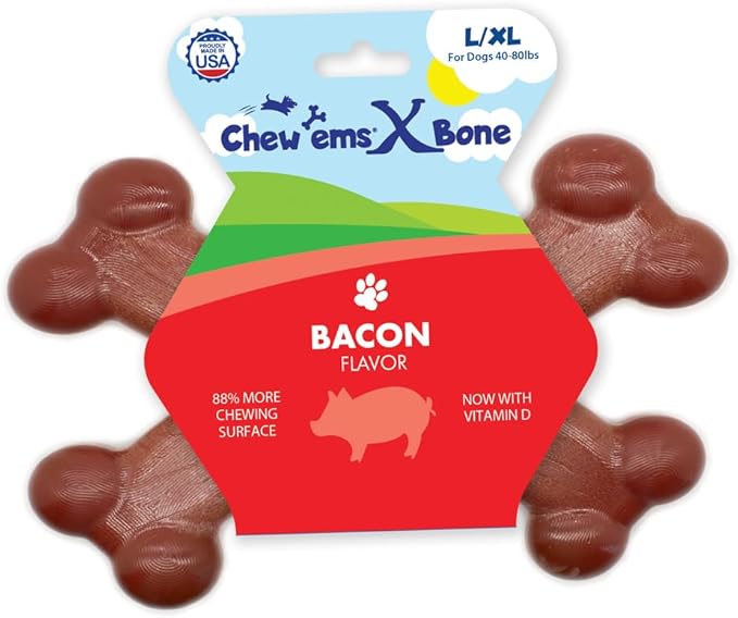 Chew’EMS X Bone Dog Chew Toy for Aggressive Chewers – Long-Lasting Bacon Flavor Nylon Bone – Durable, Rawhide-Free Dental Chew for Large Dogs – Made in USA