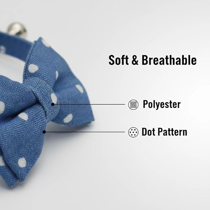 THAIN Cat Collar Breakaway with Bell and Bow Tie Safety Buckle Denim Dots Adjustable 7-11 inches for Kitten Cats(Denim Dots)