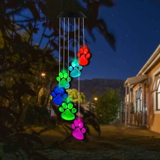 Paw Print Solar Wind Chimes, Color Changing Outdoor Paw Print Solar Lights, Dog Cat Paw Prints Wind Chimes Hanging Patio Lights for Garden Decor,Best Gifts for Dog & Cat Pets Lovers
