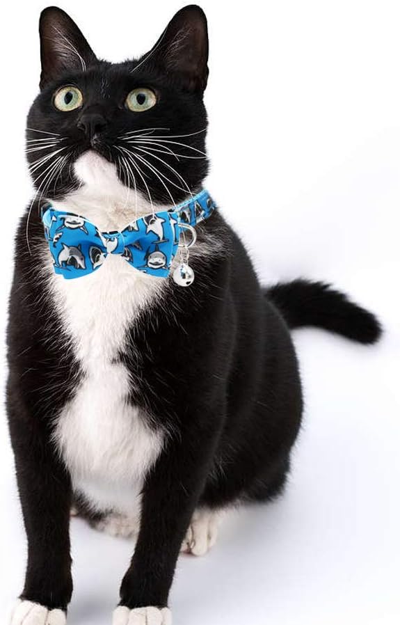 3 Pack Cat Collar Breakaway with Removable Cute Bow Tie and Bell Adjustable Safety Buckle Shark Print White Light Blue and Blue