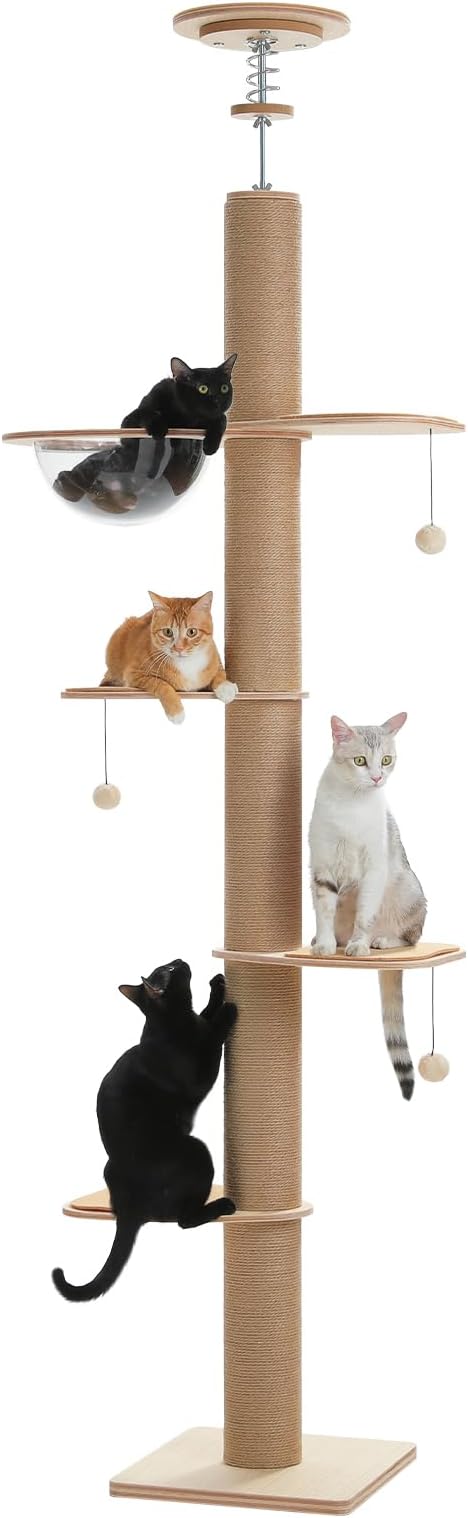 PETEPELA Floor to Ceiling Cat Tree, Adjustable Height(79-103'') Solid Wooden Tall Cat Tower for Indoor Cats with Sisal Scratching Post, Acrylic Bowl and Play Pompom, Wooden Beige