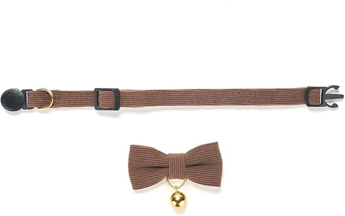 Soft Corduroy Cat Collar with Bell and Bowtie, Safety Breakaway Clasp, Adjustable for Kitten and Cats Brown Color.