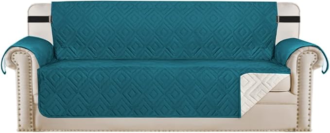 H.VERSAILTEX Reversible Sofa Slipcover Furniture Protector Water Resistant 2 Inch Wide Elastic Straps Sofa Cover Couch Covers Pets Kids Fit Sitting Width Up to 66" (Sofa: 75" x 110", Dark Teal/Beige)