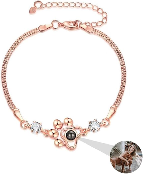 Custom Photo Projection Bracelet Dog Paw Bracelets Personalized Photo Bracelet with Picture inside Pet Dog Cat Paw Charm Picture Bracelets for Christmas Anniversary