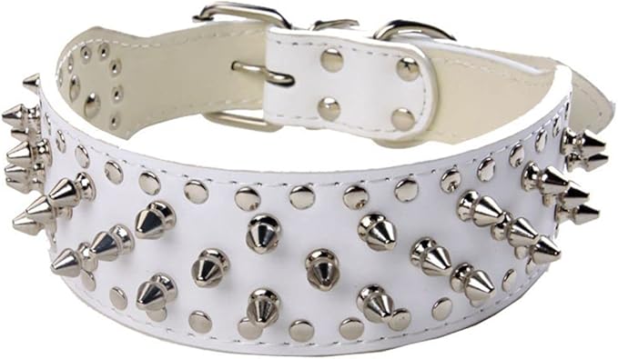 Serijoars Spiked Studded Dog Collar, PU Leather Dog Collar, Adjustable Pet Collars for Medium or Large Breed Pet (L, White)