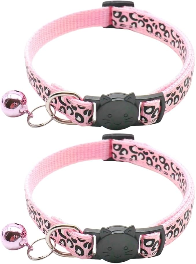 Reflective 2 Pack Breakaway Cat Collars with Bell Leopard Pattern Cute Kitty Adjustable 7.5-12.5 Inch Safe Kitten Collars Charms (Pink)