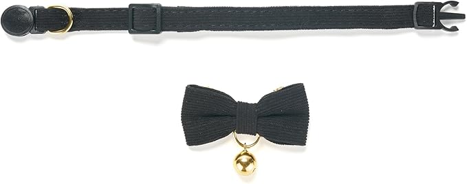 Soft Corduroy Cat Collar with Bell and Bowtie, Safety Breakaway Clasp, Adjustable for Kitten and Cats Black Color.