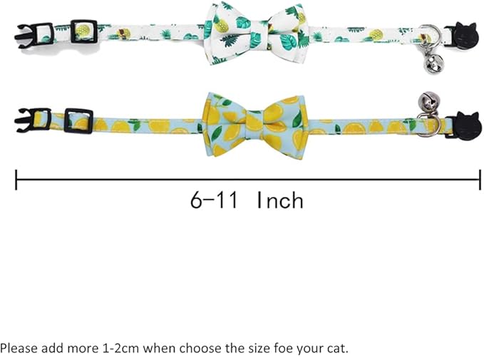 2-Pack Breakaway Cat Collars with Removable Double-Layer Bow Tie and Bell for Boy and Girl Cats,Safety Kitten Collars Suitable for Festivals and Daily. (Lemon&Pineapple)