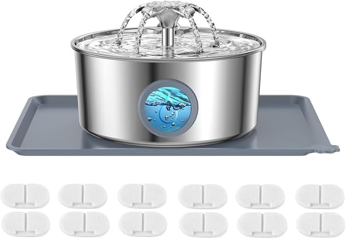 LucidShine 108oz/3.2L Stainless Steel Cat Water Fountain with 12 Filters (up to 1-Year Supply), Large Capacity Dog Water Fountain, Ultra Quiet Automatic Metal Pet Water Dispenser