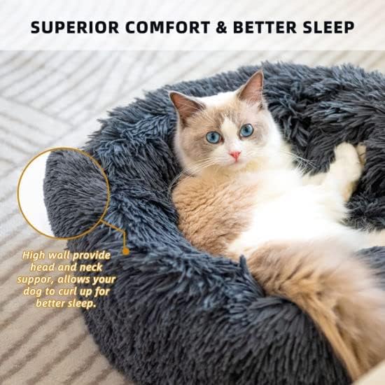 Original Calming Donut Dog and Cat Bed in Shag Fur, Dog Beds for Melium Dogs, Anti Anxiety Round Fluffy Plush Faux Fur Pet Bed XX-Large