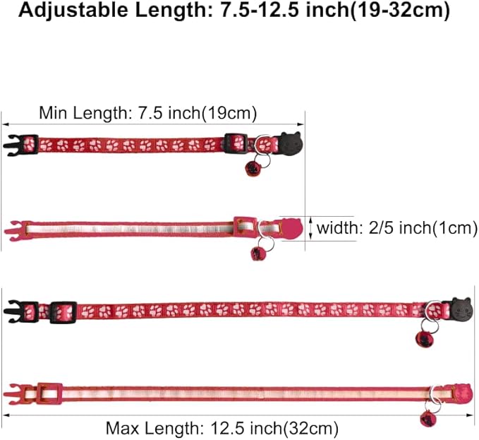 2 Pack Breakaway Cat Collars with Bells, Reflective Design and Claw Print Design, Safety Buckle Kitten Collars Adjustable from 7.5 to 12.5 Inches (Red)