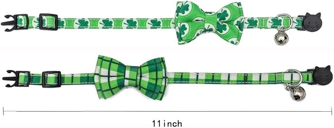 2-Pack Breakaway Cat Collars with Removable Double-Layer Bow Tie and Bell for Boy and Girl Cats,Safety Kitten Collars Suitable for Festivals and Daily. (St. Patrick's Day1)