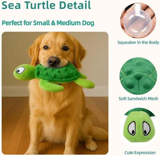 Squeaky Sea Turtle Plush Dog Toy – Durable, Interactive Chew Toy for Small Dogs – Relieves Anxiety & Teething – Keeps Puppies Busy, No Mess, Perfect for Indoor Play (Green)