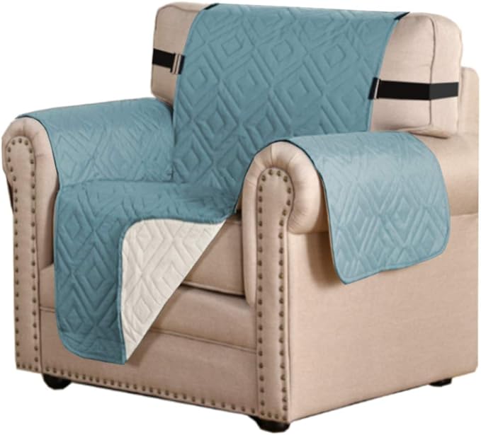 H.VERSAILTEX Reversible Chair Cover Furniture Protector Anti-Slip Couch Cover Water Resistant 2" Elastic Straps Chair Slipcover Pets Fit Sitting Width Up to 21" (Chair:75" x 65", Cameo Blue/Beige)