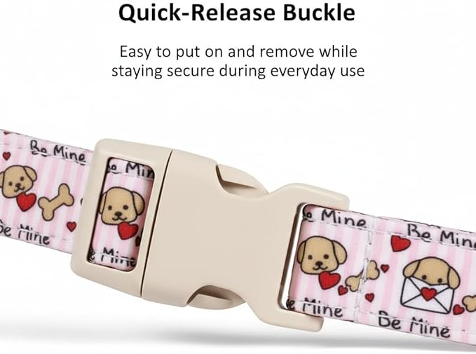 Pink Dog Collar, Girl Dog Collar with Cute Dogs and Hearts, Cute Spring Summer Food Collar with Soft & Breathable Fabric, Adjustable Pet Collar for Medium Dogs