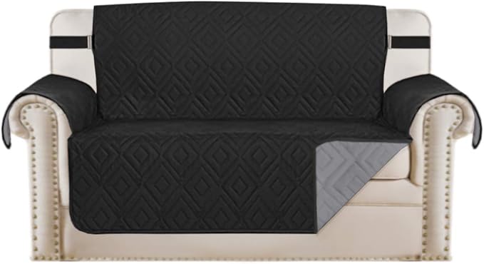 H.VERSAILTEX Reversible Loveseat Cover Furniture Protector Anti-Slip Water Resistant 2 Inch Wide Elastic Straps Couch Covers Pets Kids Fit Sitting Width Up to 46"(Love Seat: 75" x 90", Black/Grey)