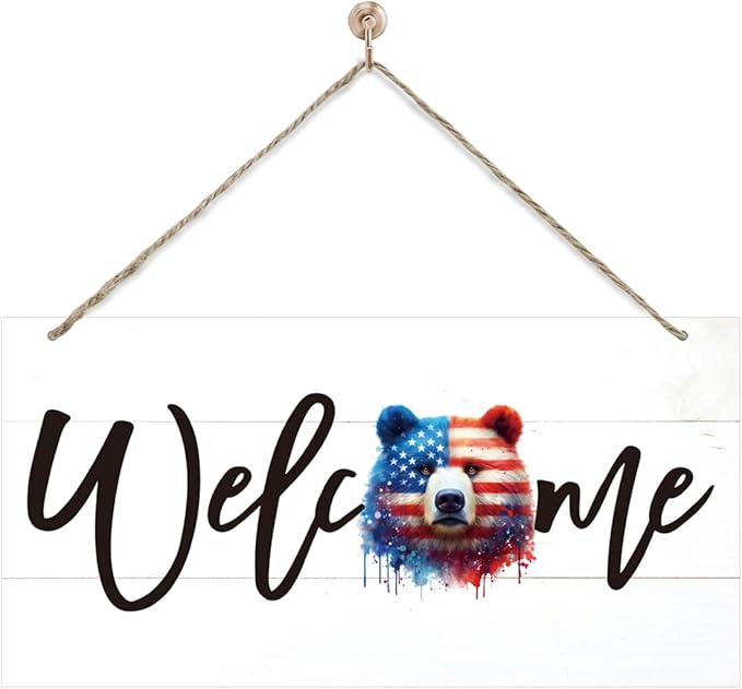 Welcome Sign for Front Door, Welcome Decor Wooden Hanging Sign for Wall Decor, American Bear Pattern Hanging Signs, Funny Wooden Outdoor Front Door Decoration 13.8X6.9 inches