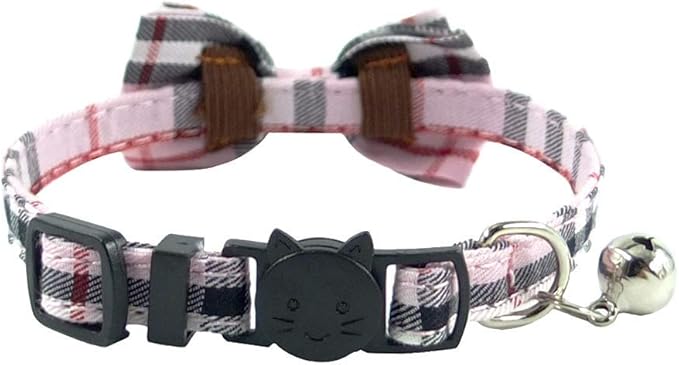 Cat Collar Breakaway with Bell and Bow Tie, Plaid Design Adjustable Safety Kitty Kitten Collars(6.8-10.8in) (Pink Plaid 1)