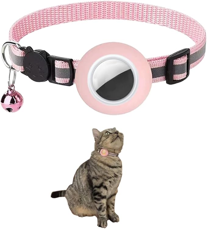 Tracker-Ready Breakaway Cat Collar (No Tracker Included) - Detachable GPS Holder + Safety Bell - Adjustable Reflective Collar with Quick-Release Buckle - for AirTag/Tile Compatible (Light Pink)