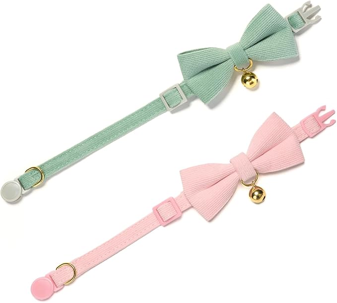 2 Pack Soft Corduroy Cat Collars with Bow Tie & Bell, Adjustable Breakaway Cotton Kitty Bowtie Collar for Female Male Cats(Grass Green & Pink)