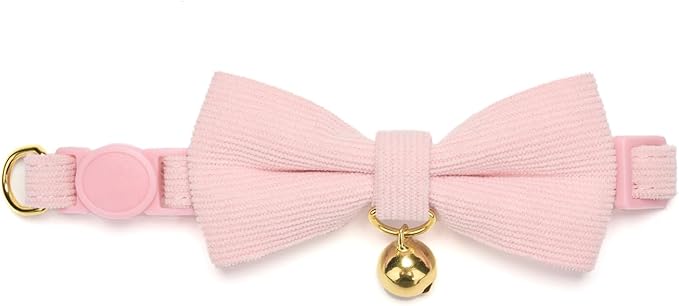 Soft Corduroy Cat Collar with Bell and Bowtie, Safety Breakaway Clasp, Adjustable for Kitten and Cats Pink Color.