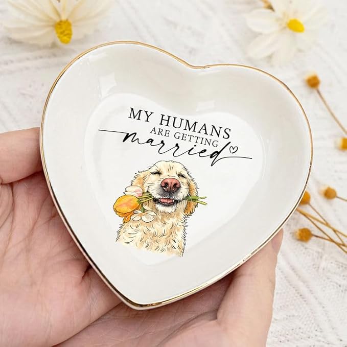 Gossby Custom Pet Portrait Watercolor Heart Ring Dish - Personalized My Humans Are Getting Married Ceramic Jewelry Tray - Engagement, Wedding Gift for Fiancee, Bride, Newlyweds, Couple, Dog Lover