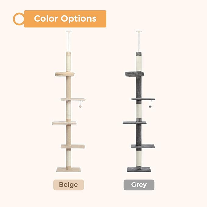 PETEPELA Cat Tower 5-Tier Floor to Ceiling Cat Tree Height(95-107 Inches) Adjustable, Tall Climbing Tree Featuring with Scratching Post, Cozy Bed,Interactive Ball Toy for Indoor Cats/Kitten Grey