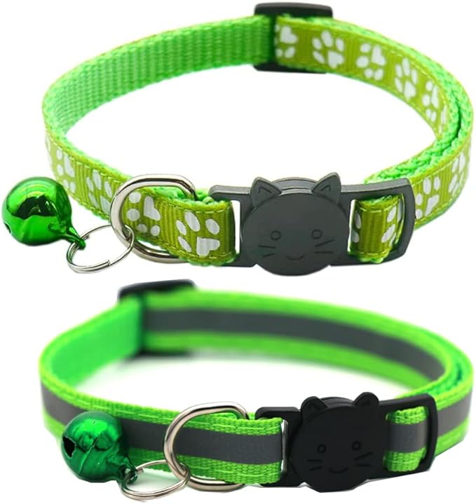 2 Pack Cat Collars Quick Release Reflective Kitten Collar with Bell & Safety Release (Light Green)