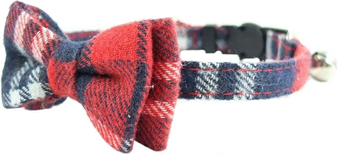 Cat Collar Breakaway with Bell and Bow Tie, Plaid Design Adjustable Safety Kitty Kitten Collars(6.8-10.8in)(Red Plaid 3)