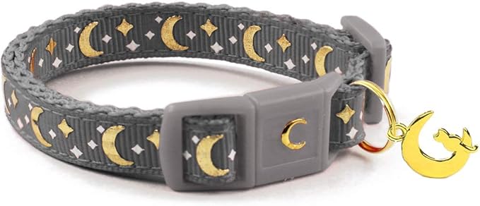 WAAAG Cat Collars, Gold Moons and Stars Cat Collar, Safety Breakaway Cat Collar, Glow in The Dark (Standard 9"-15" Neck, Grey)