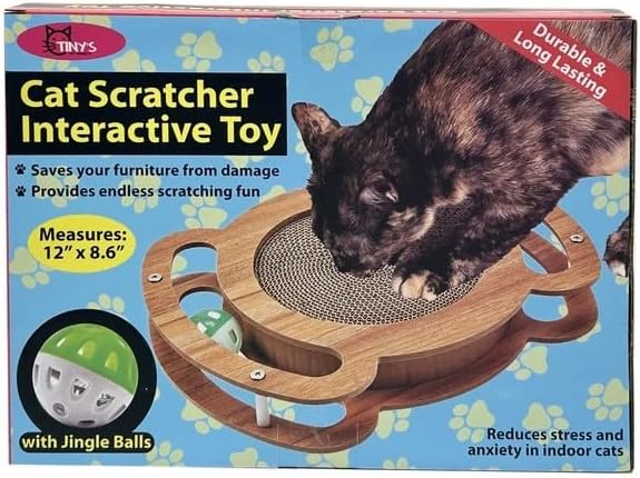 Cat Scratcher Interactive Toy, 12 x 8.6 inch Wooden Scratching Board with Jingle Balls, Indoor Cat Activity Center