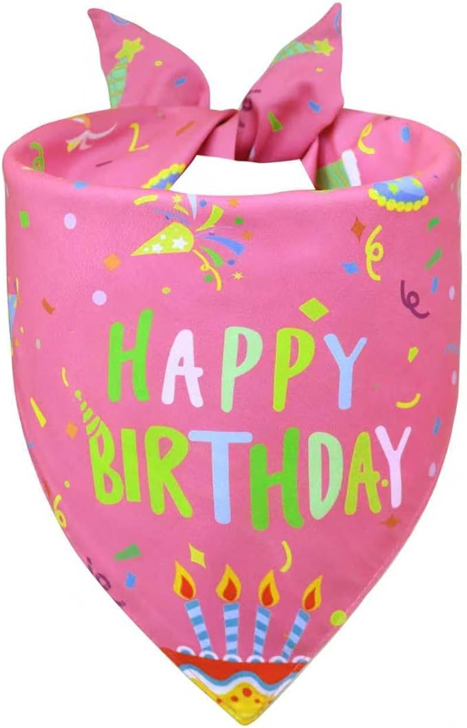 Dog Birthday Bandana Girl for Large X-Large Dogs, Reversible 2 Patterns in 1, Pink Confetti Scarf, Happy Birthday Party Outfit Puppy Gift (18-23" Neck)